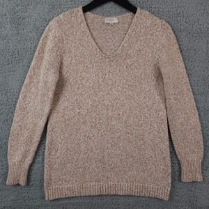 Ann Taylor LOFT Sweater Womens Medium Beige White Marled V Neck Knit Pullover